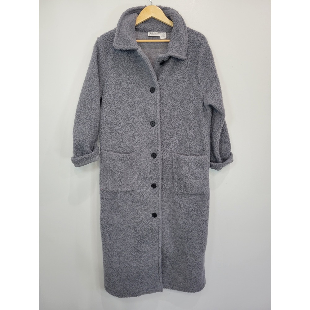 Easy Essentials Gray Fleece Long Coatigan‎ Open Front Pockets Womens Size Large